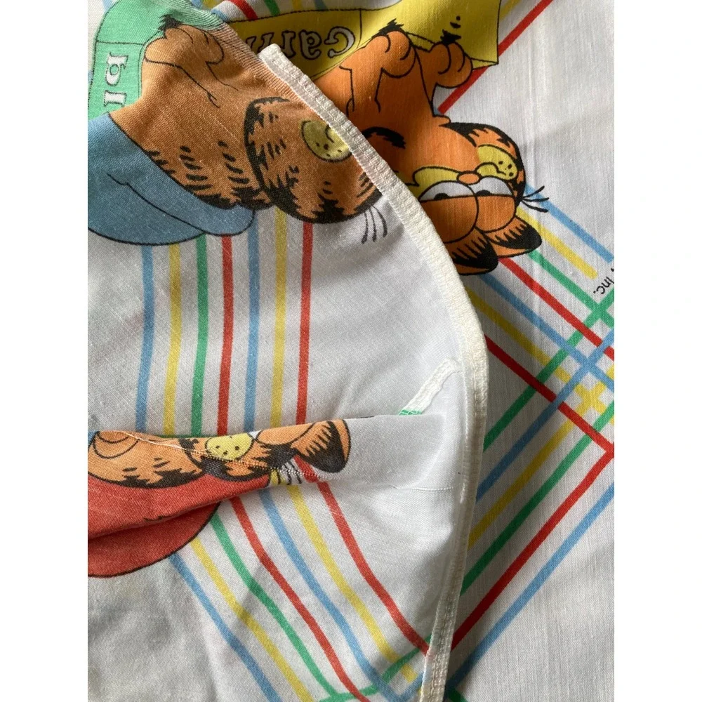 Vintage Garfield Cat Twin Flat Sheet Marlborough Rainbow Plaid Stripe USA Read‎